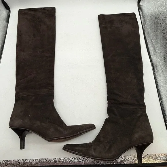 GUCCI Suede Knee High Boots Kitten Heel Pointed Toe Brown Women's Size 7.5 w box - Picture 7 of 16